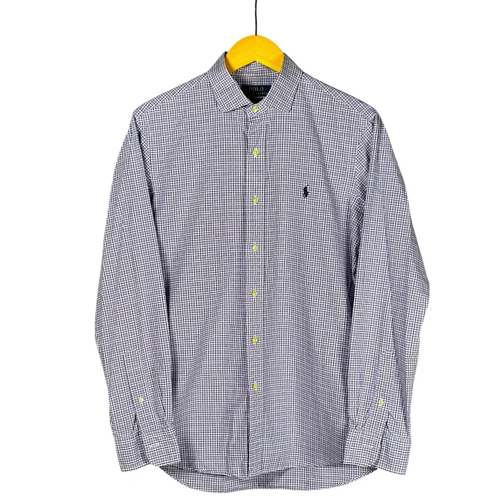 Polo Ralph‎ Lauren Mens Button Down Shirt Purple Plaid Stretch Cotton Size M
